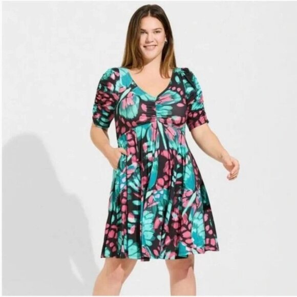 Torrid Dress Cinched Front Puff Sleeve Stretch Skater Butterfly New Plus Size 1X - Picture 1 of 11
